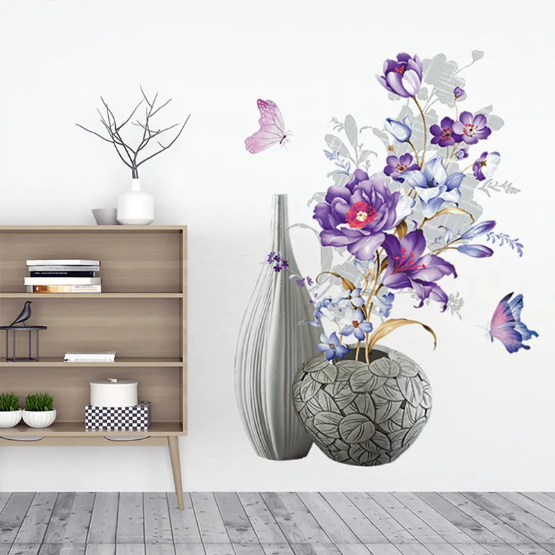 Vintage Style 3D Vision Fleur Vase Stickers Muraux Décor À La Maison Japon Amovible Stickers Muraux pour Salon Chambre Porche Toile De Fond