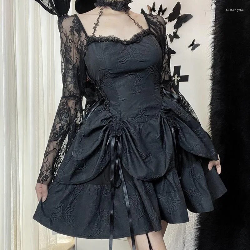 Gothic Lace-Up A-Line Grunge Dress for Women - Casual Streetwear with Falre Sleeves