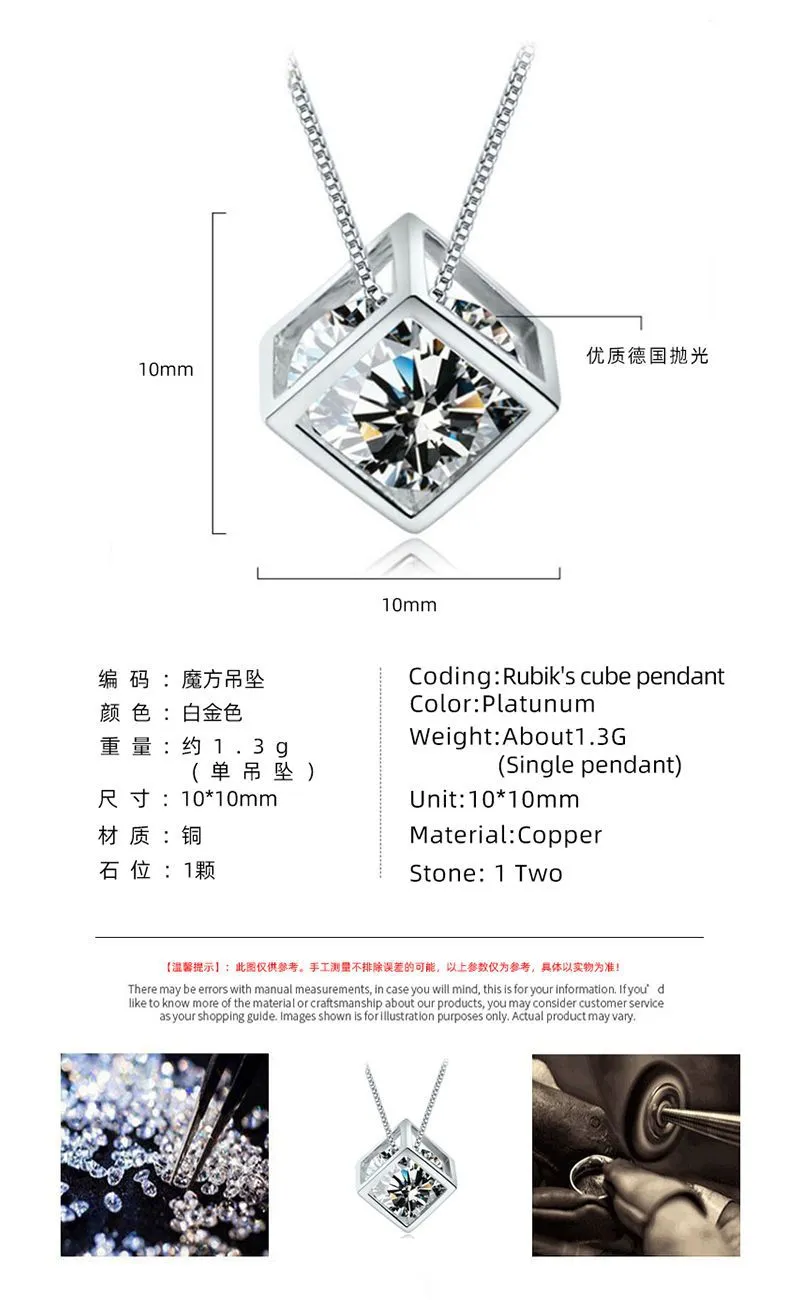 925 Sterling Silver Square Crystal Pendant Necklace Elegant