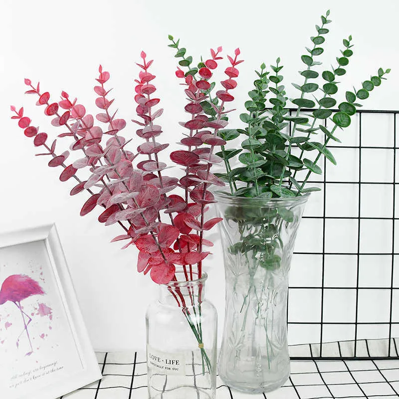 Dried Flowers 5pcs Artificial Plant Plastic Eucalyptus Leaves Flower for Wedding Bouquet Home Room Decoration Simulation Green