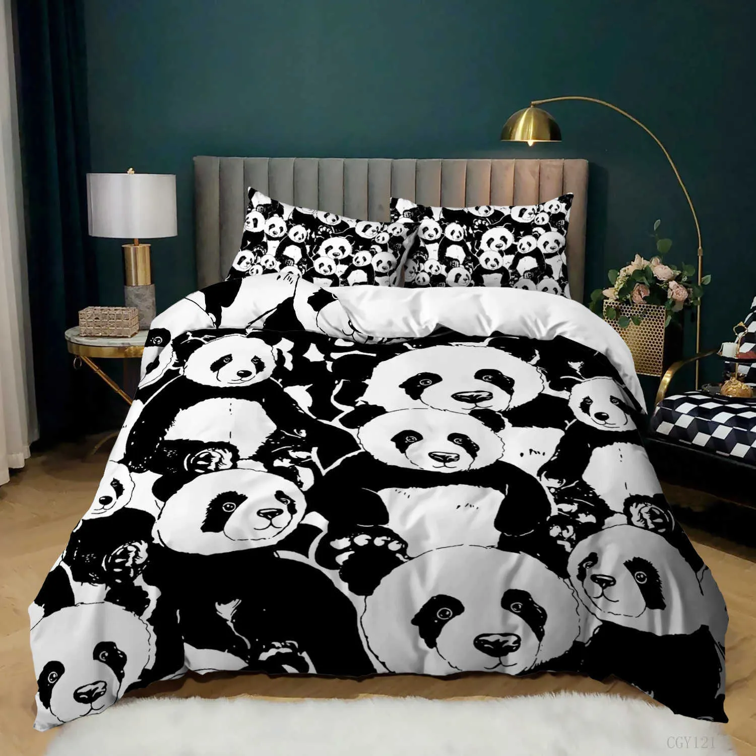 Yatak Setleri Panda Nevresim Karikatür Panda Panda Baskılı Yatak Seti Erkekler Erkek Kızlar Mikrofiber Sevimli Hayvan Yorum Kapağı 23pcs Tam Boyut Z0612