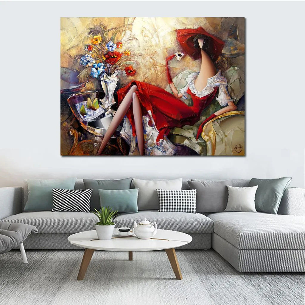 赤いドレスのキャンバスの女性の抽象的な比fig的な油絵アートワーク現代の壁の装飾
