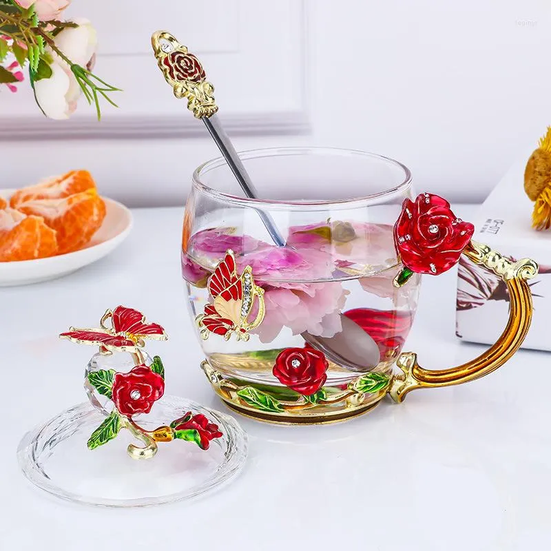 Kieliszki do wina Red Blue Rose Crystal szkła szkła klejnotem Melted Flower Painted Tea Cups z łyżką śniadaniową kubek śniadaniowy