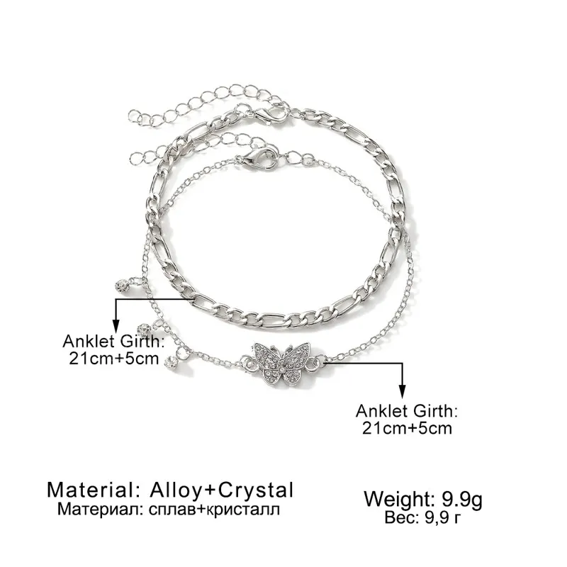 Vintage Silver Color Chain Anklet for Women Zircon Fjäril Pendant Crystal Charm SeaBeach Anklet Fashion Jewelry Gift