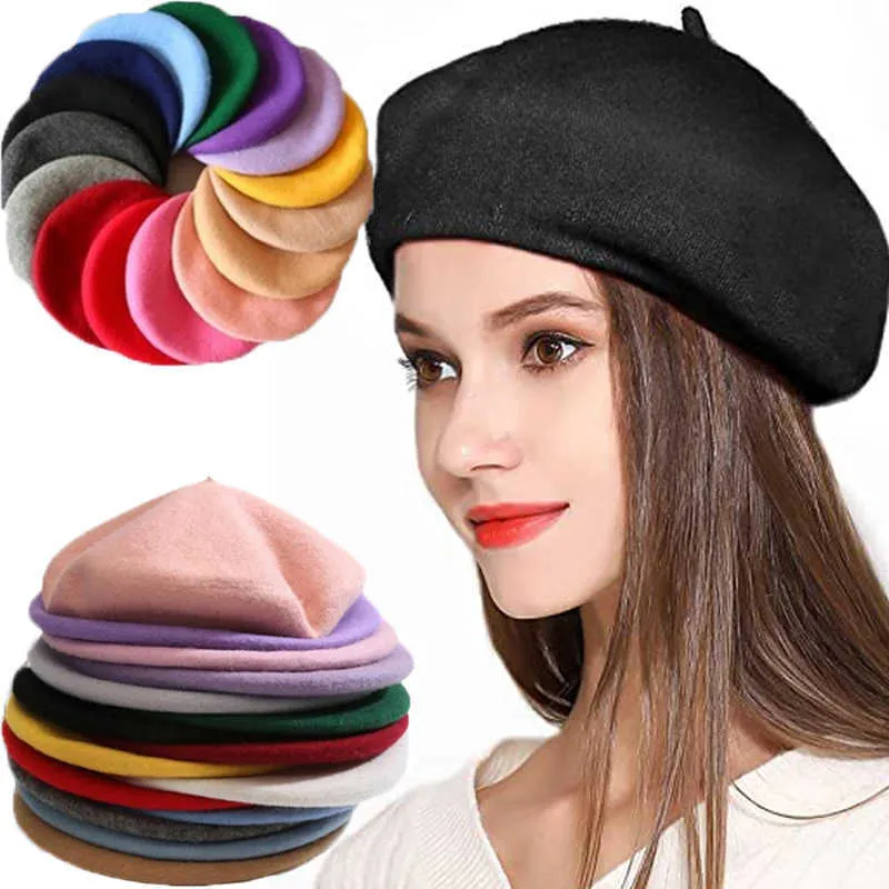 Beralar Vintage Düz Bere Beanie Fransız Tarzı Kadın Yün Sıcak Kış Şapkası G220612