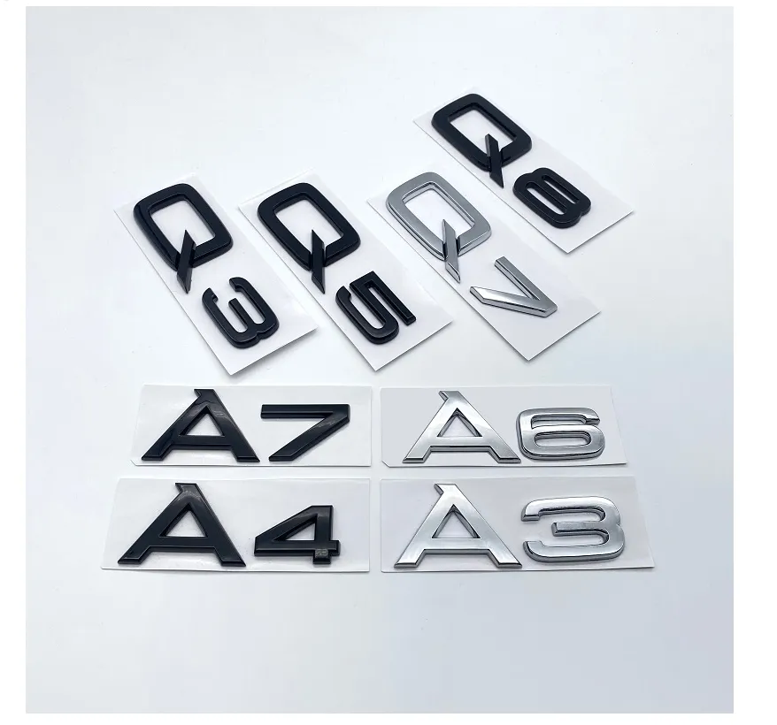 3D Lettres Chiffres Emblème pour Audi A3 A4 A5 A6 A7 A8 Q2 Q3 Q5 Q7 Couvercle de coffre de voiture Plaque signalétique Badge Logo Autocollant Chrome Brillant Noir