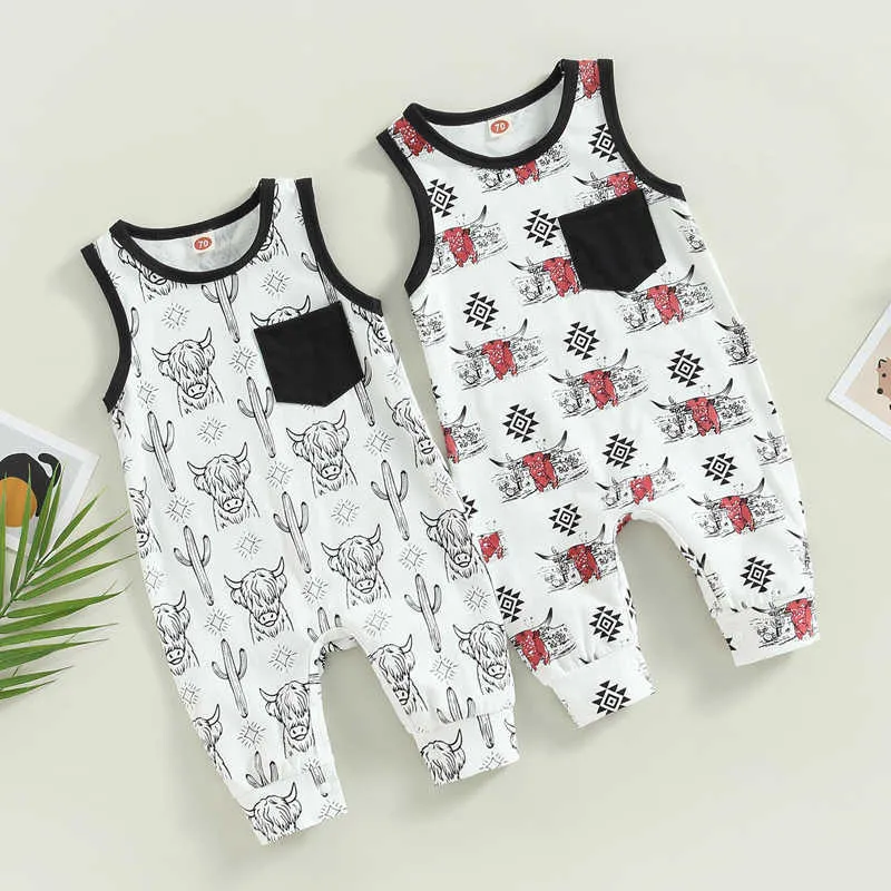 Jumpsuits Newborn baby boy girl cotton sleeveless round neck denim printed jumpsuit for children in summer G220606