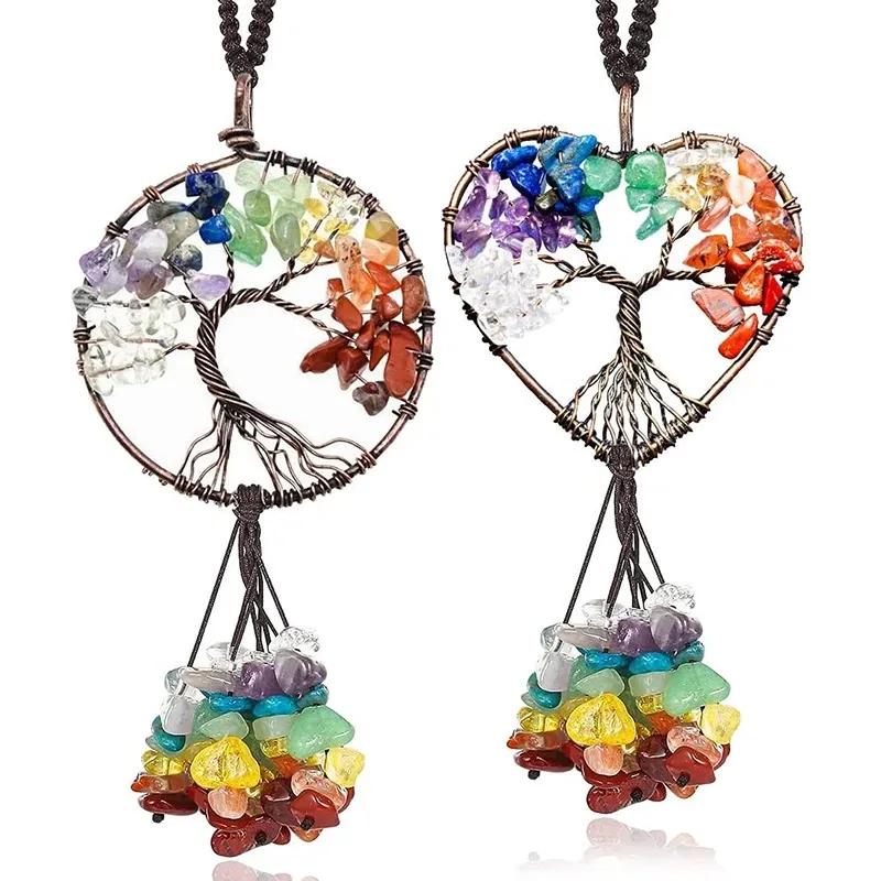 Pierre naturelle arbre de vie porte-clés pendentif 7 Chakra suspendu fil de cuivre porte-clés porte-anneau Reiki énergie voiture décoration de la maison