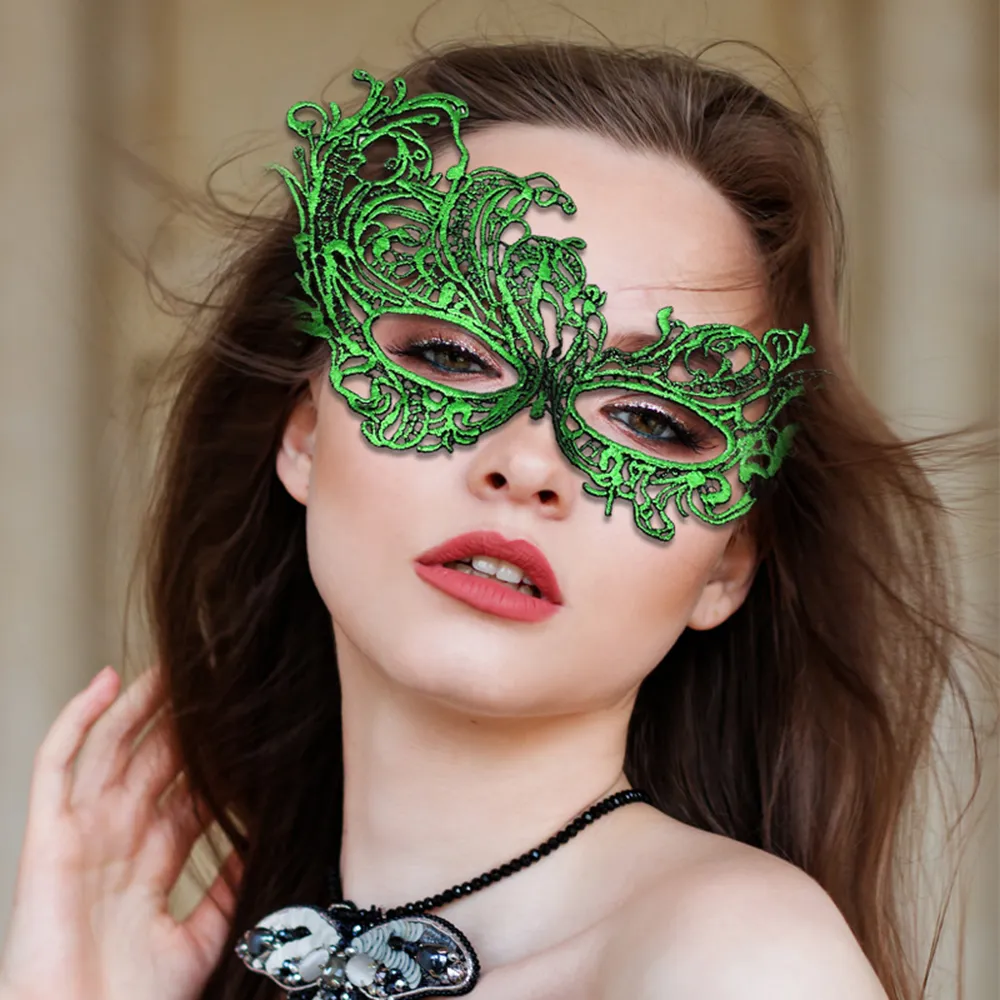 Appositamente progettato per maschere di pizzo verde dorato e ispessito, palline per il trucco in rosa e pizzo da donna, palline per il trucco di Halloween a mezza faccia, maschere per gli occhi sexy e divertenti MJ-0007