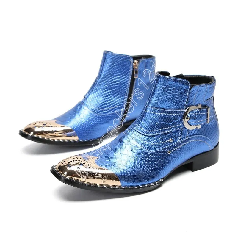 Scarpe da uomo di tipo italiano Stivali con punta in metallo dorato Stivaletti in pelle blu Uomo con zip Stivali da festa blu moda Botas, US6-12