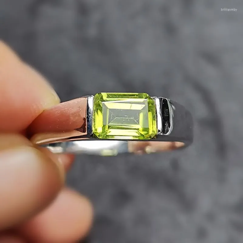 Cluster Rings Men Ring Natural Real Peridot Rectangle 925 Sterling Silver 5 7mm 1ct Gemstone Handwork C227131