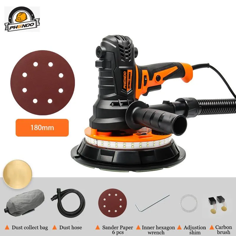 Sliper Phendo Electric Drywall Sander med LED -lampor Drywall Tool Handhållet 900W Fem hastighetsbrytare Poleringsmaskin