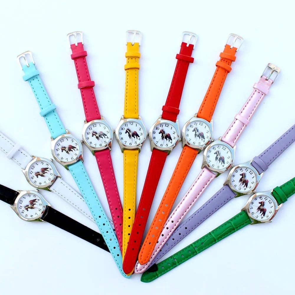 Children's watches 10pcsLot Mixed Cute Girl Ladies Watch Kids Watches Horse Pink Leather Quartz Student Animal Cartoon Children Wristwatch 230612