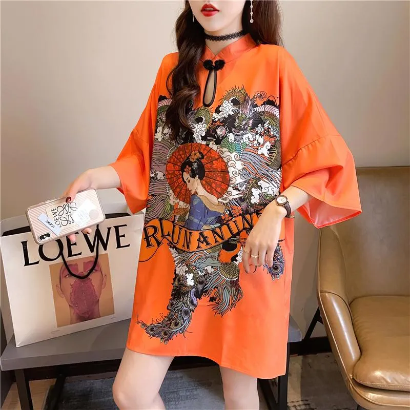 T-Shirts DAYIFUN Chinese Stand Collar Tshirt Women Vintage Style Print Long Tshirts Female Short Sleeve Oversized Orange Tee Top Loose