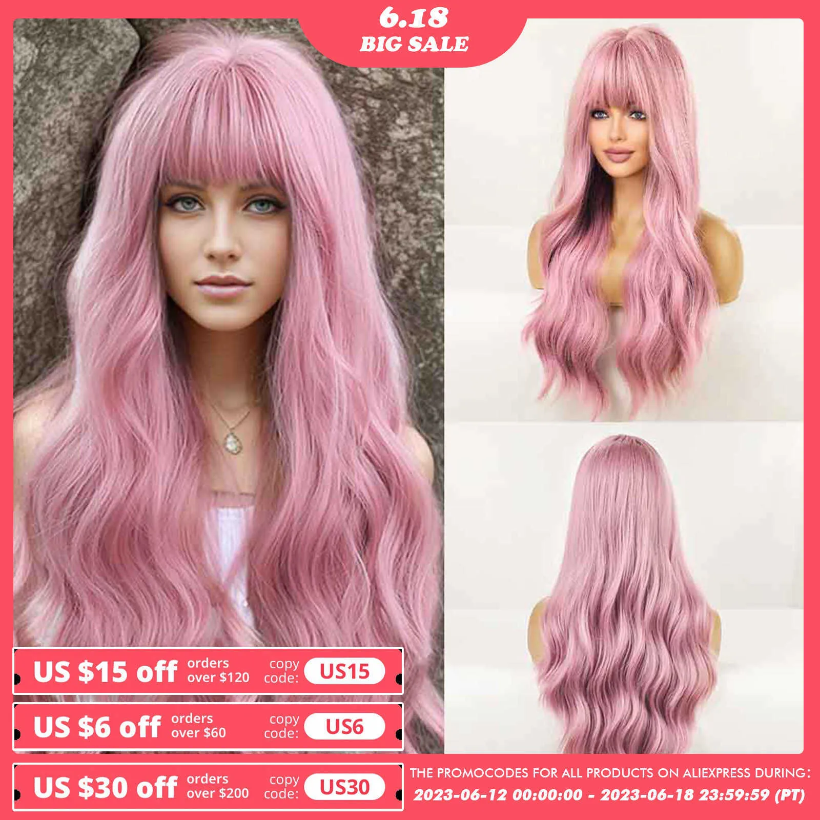 Lace Wigs oneNonly Long Pink Wig with Bangs Natural Wave Heat Resistant Wavy Hair Synthetic Wigs for Women Lolita Cosplay Z0613