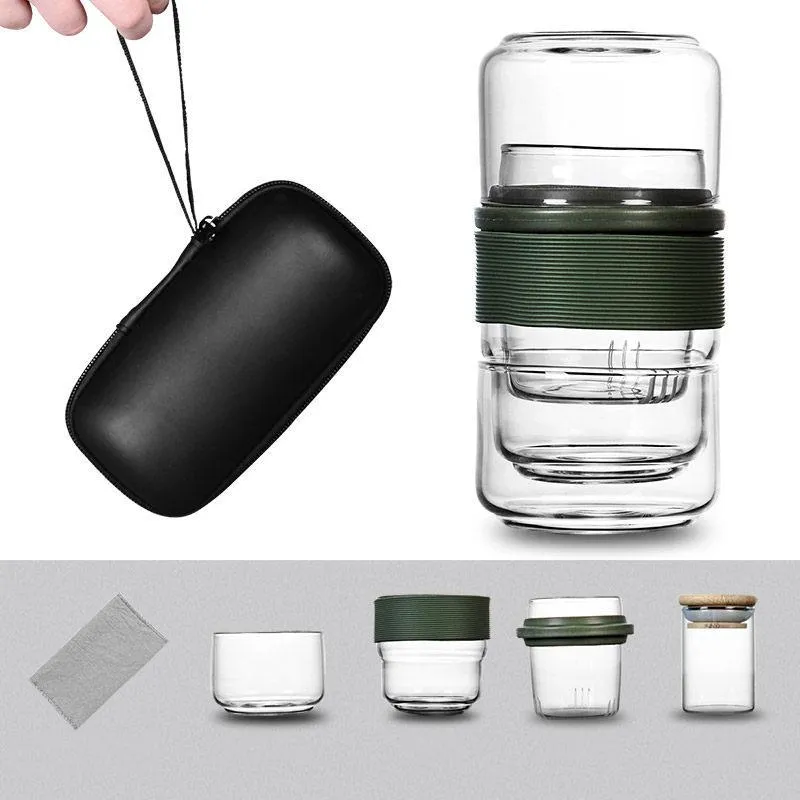 Teaware Juego de té de viaje Tetera de KungFu con estuche portátil Tazas de té de vidrio con infusor para viajar a casa Contenedor de hojas de té Juego de tazas de té