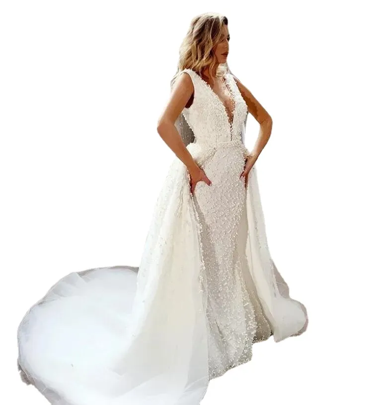 Sexy Meerjungfrau-Brautkleid mit tiefem V-Ausschnitt, Perlen und abnehmbarer Schleppe, offener Rücken, perlenbesetzt, Strand-Bohemain-Brautkleid in Übergröße