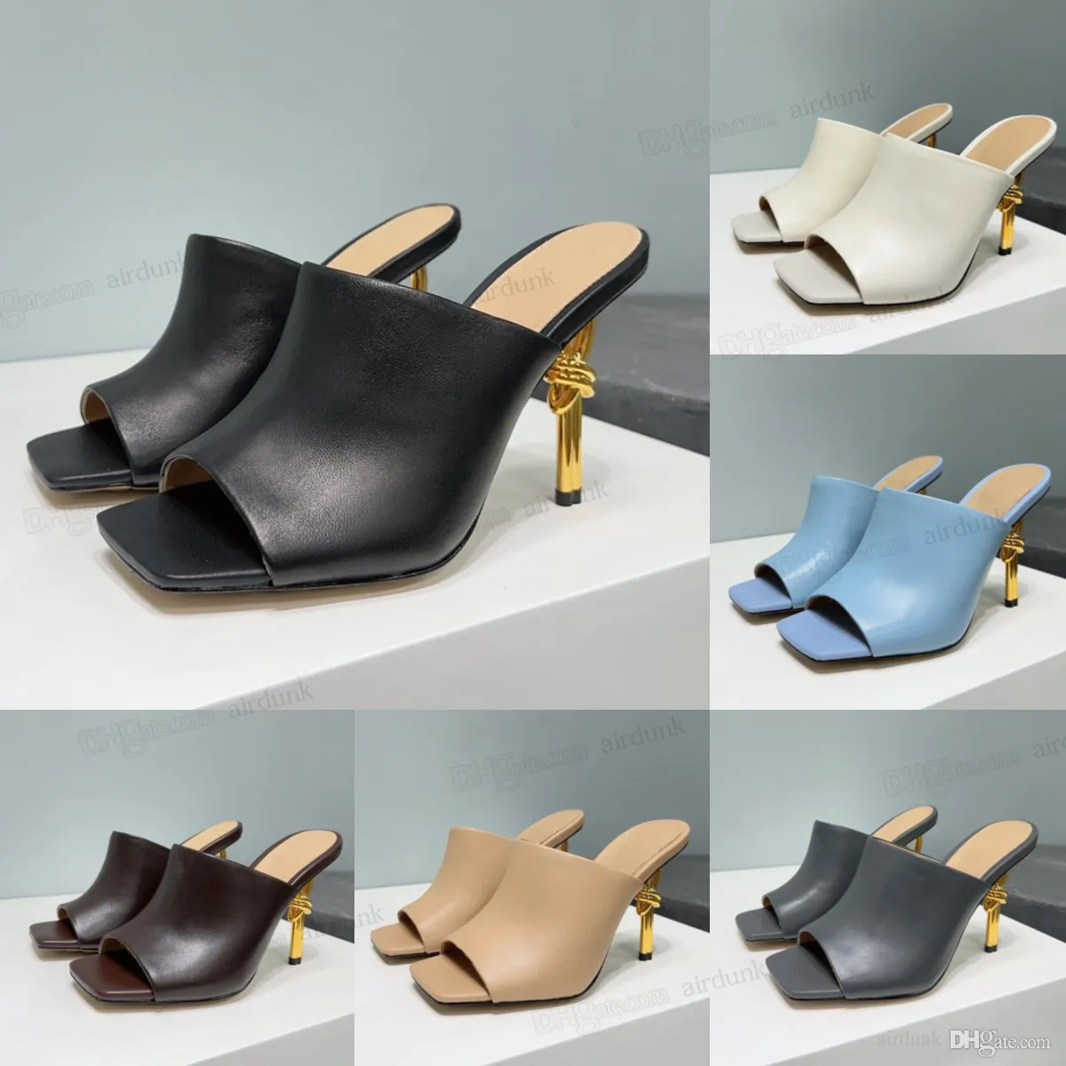 2023 węzeł Sandal Sandal Summer Nowe kobiety metalowe buty na wysokim obcasie Designerowie skórzana gumowa moda seksowna wysokiej jakości kwadratowa głowa rozmiar 35-41