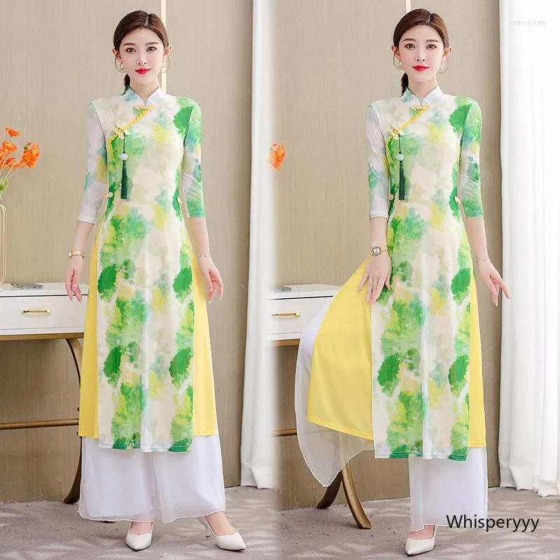 Ropa étnica Elegancia Vintage Cheongsam Tops Pantalones de pierna ancha Estilo chino Conjunto de 2 piezas Mujer Estampado clásico Slim Vietnam Odai Traje Mujer