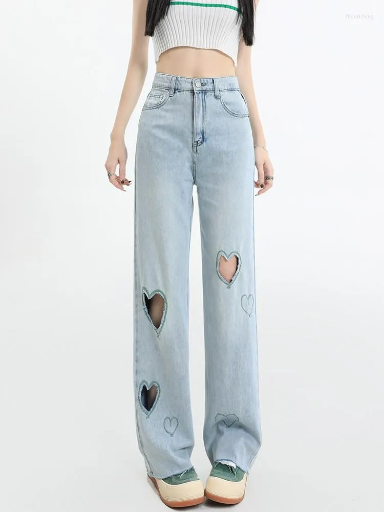 Kvinnors jeans Summer Burr Edge Thin Denim Hole Straight Woman Light Blue Wide Ben Pants
