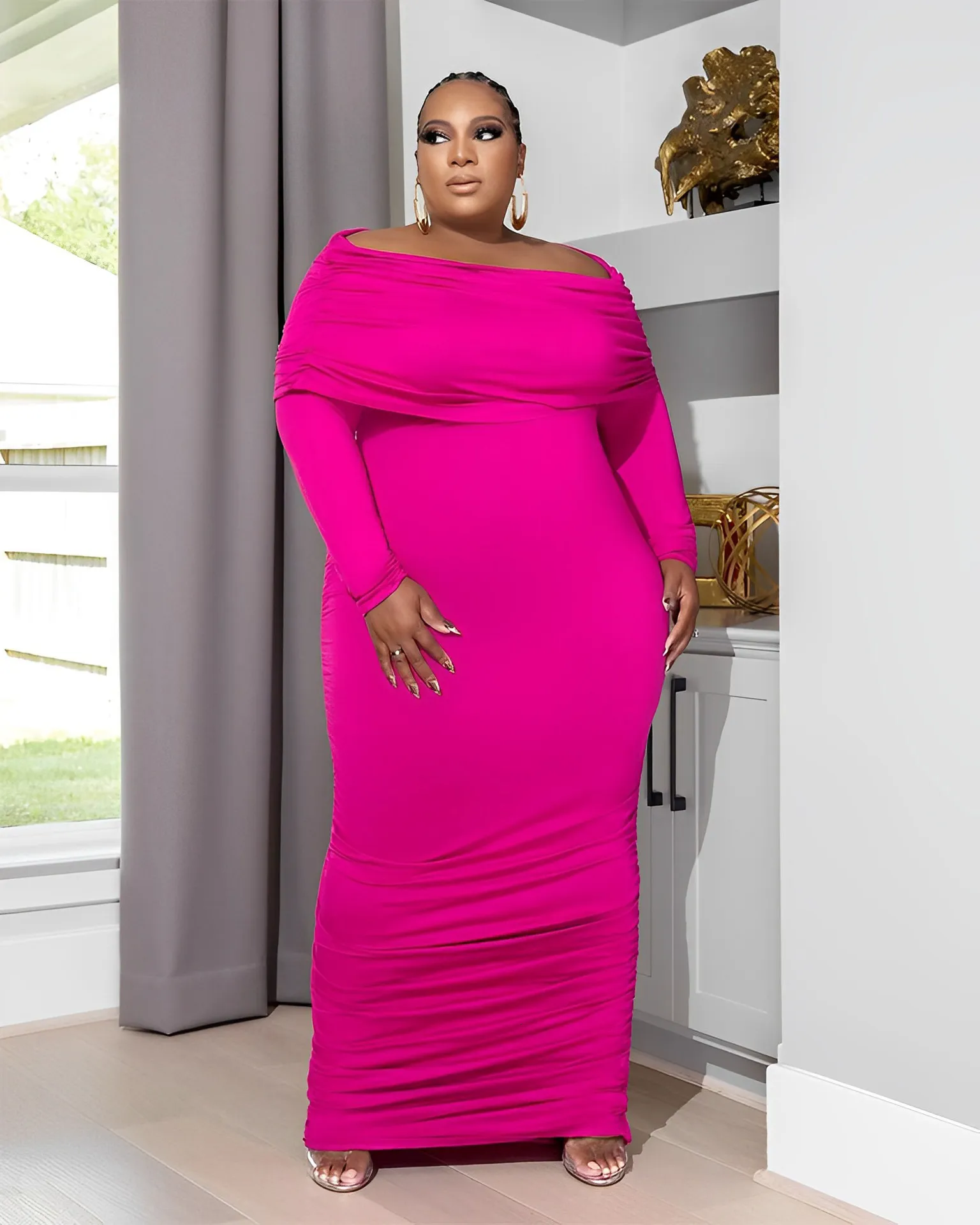 Plus Size Velvet Sheath Dress Women Off Shoulder Long Sleeve Ruched Maxi  Midi Leopard Print 3/4 Flare Sleeve Ankle-Length from Dhgate Plus size  Dresses - price 42.12
