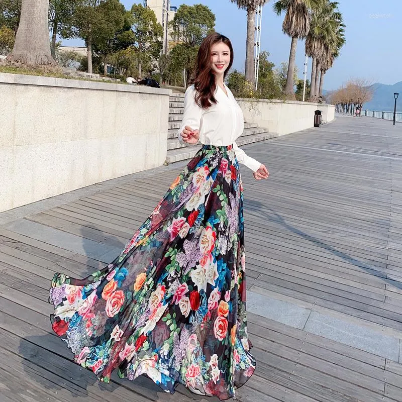 Designer High Waist Flower Print Maxi Chiffon Maxi Skirt For Women
