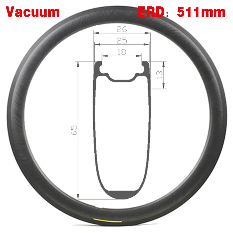 Bike Wheels Carbon Road RIM 700C Wheel ERD 511MM Depth 65mm For Disc V