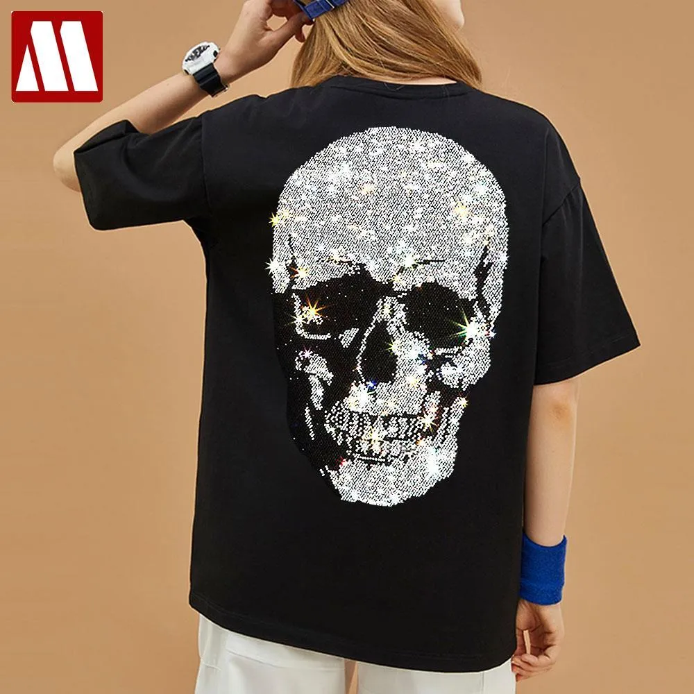 T-Shirts Beautiful Skulls Tshirt Women 2022 Summer Short Sleeve Tops Lady Fashion Streetwear Slim Cotton Tshirts Rhinestone Size S5XL