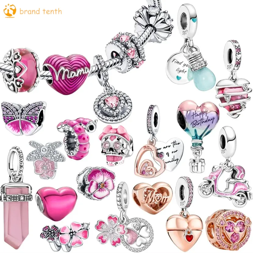 925 Silver för pandora charms smycken pärlor diy hänge kvinnor armband pärlor rosa par romantisk