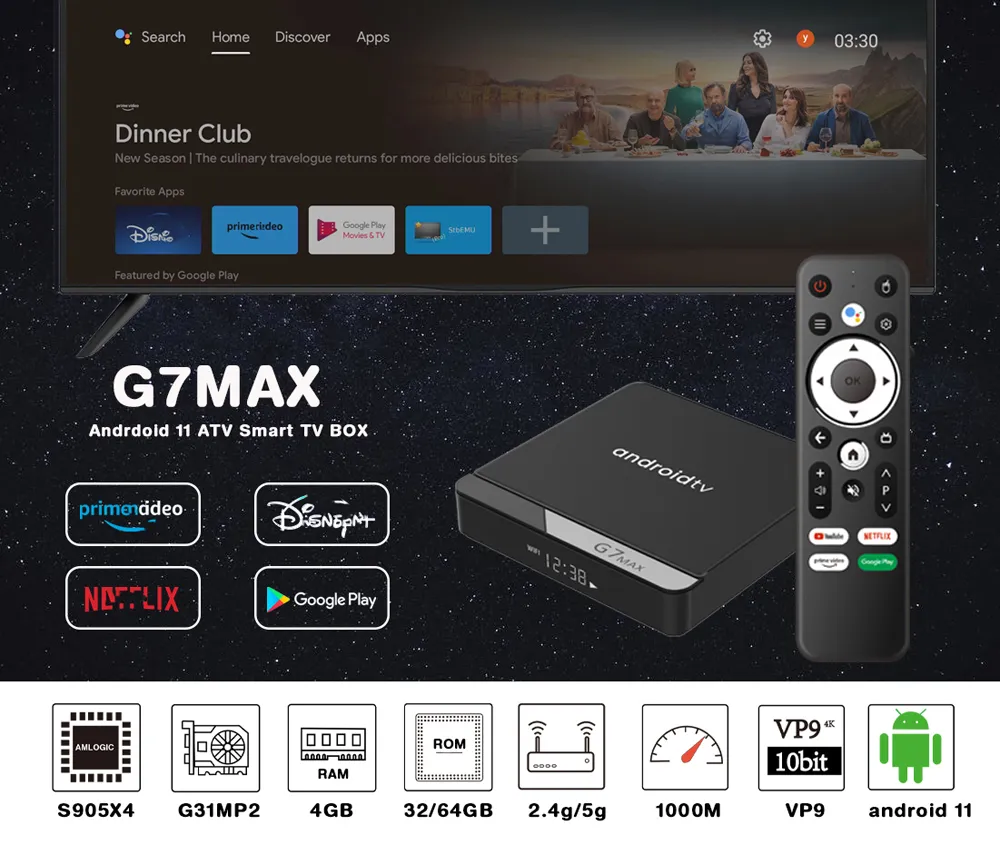 Android TV Box 11.0, 4 Go De RAM 128 Go De ROM Amlogic S905X4 Quad-Core 64Bits Avec Clavier Sans