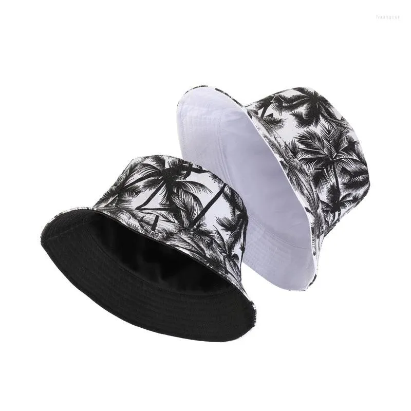 Bérets unisexe mode été réversible noir blanc cocotier imprimé pêcheur casquettes seau Hip Hop chapeau Gorro Pescador hommes femmes