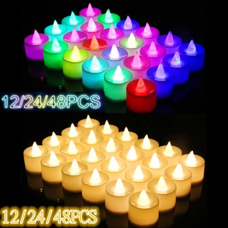 Candele 122448pcs Senza fiamma LED Tealight Tea Wedding Light Luci romantiche per decorazioni per feste di compleanno 230613