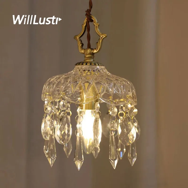 Mosiężna lampa wisząca w stylu francuskim Retro K9 Crystal zawiesina światło wern ganku Balkon Bedside Koral szklany szklany żyrandol sufitowy