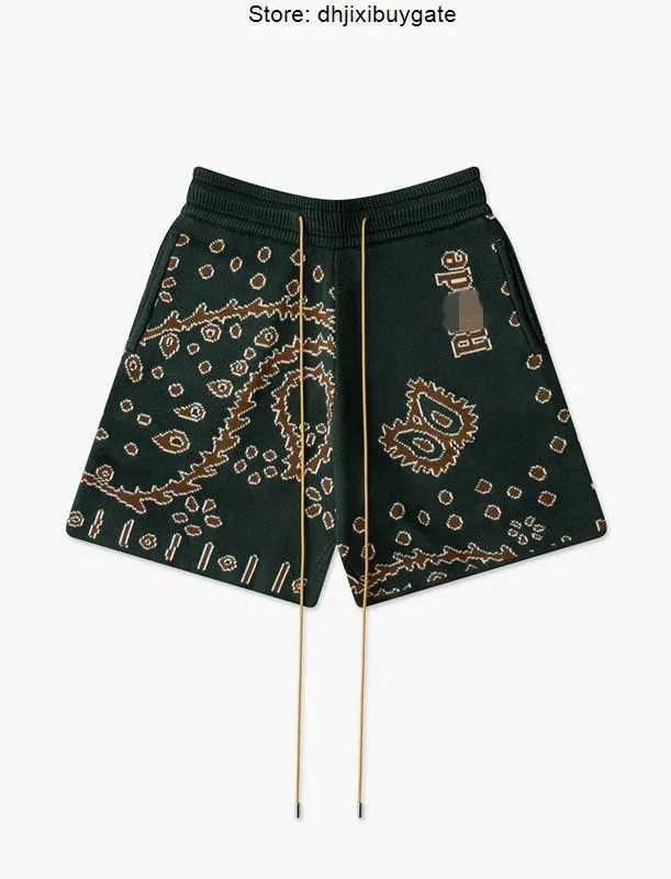 Rhude mäns shorts American High Street Sticked Hawaiian Flower Loose Cashew Flower Drawstring Woolen Green Mens and Women's Short