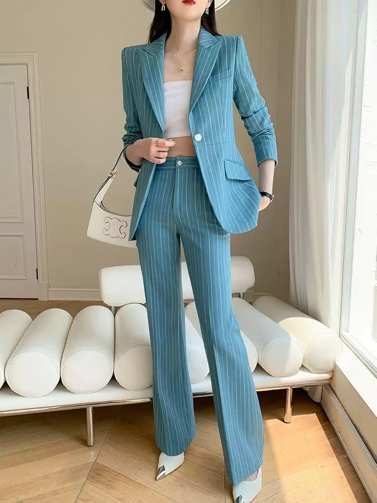 Pantalons deux pièces pour femmes 2023 printemps automne femmes costumes coréens femmes blazers à rayures vestes et évasés dames ensembles d'affaires deux pièces