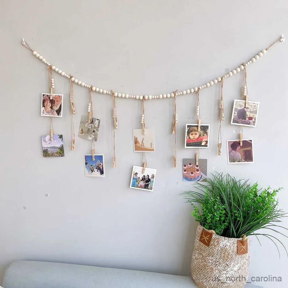 Tuindecoraties Muur Opknoping Foto Display Met Houten Kralen Guirlande Collage Fotolijst Voor Muur Decor Foto Houder Rustiek Land Decor R230613