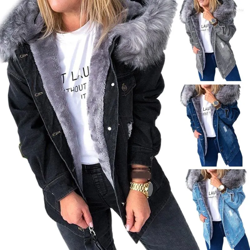 Women's Trench Coats Women Winter Warm Jacket Fluffy Collar Hooded Denim Plush Lined Long Sleeve Jean Coat Button Down Loose Outerwear