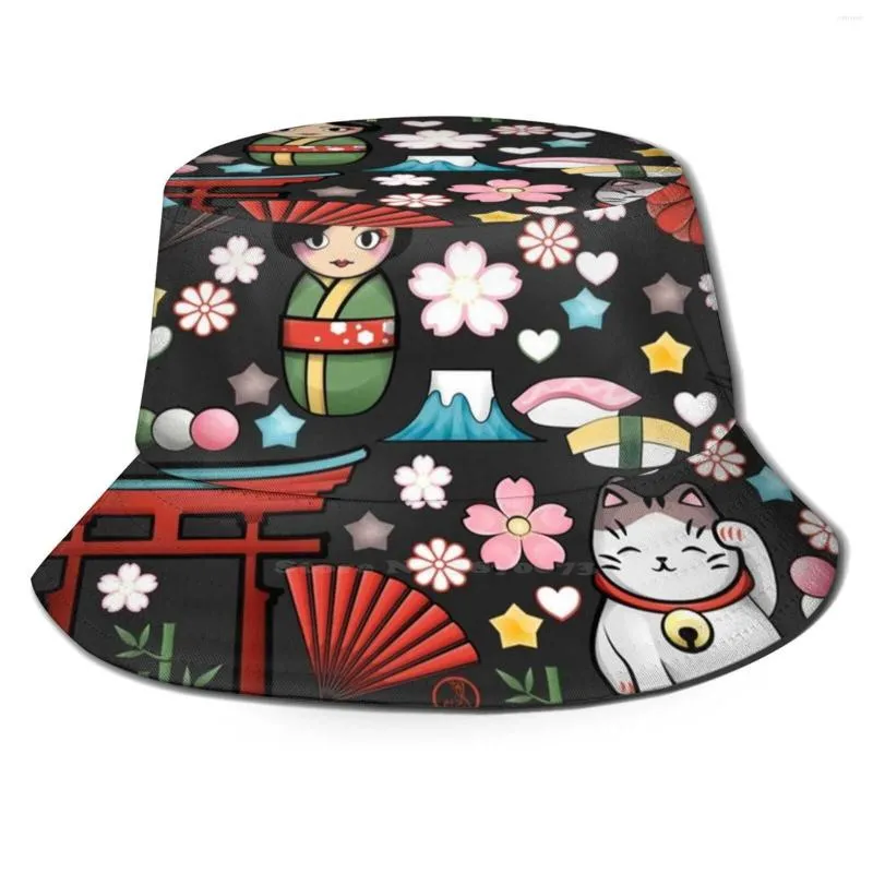 Bérets Myriade De Japonais Sur Gris Foncé-Pléthore De Motifs Japonais Kawaii Pêche Chasse Escalade Casquette Pêcheur Chapeaux Japon