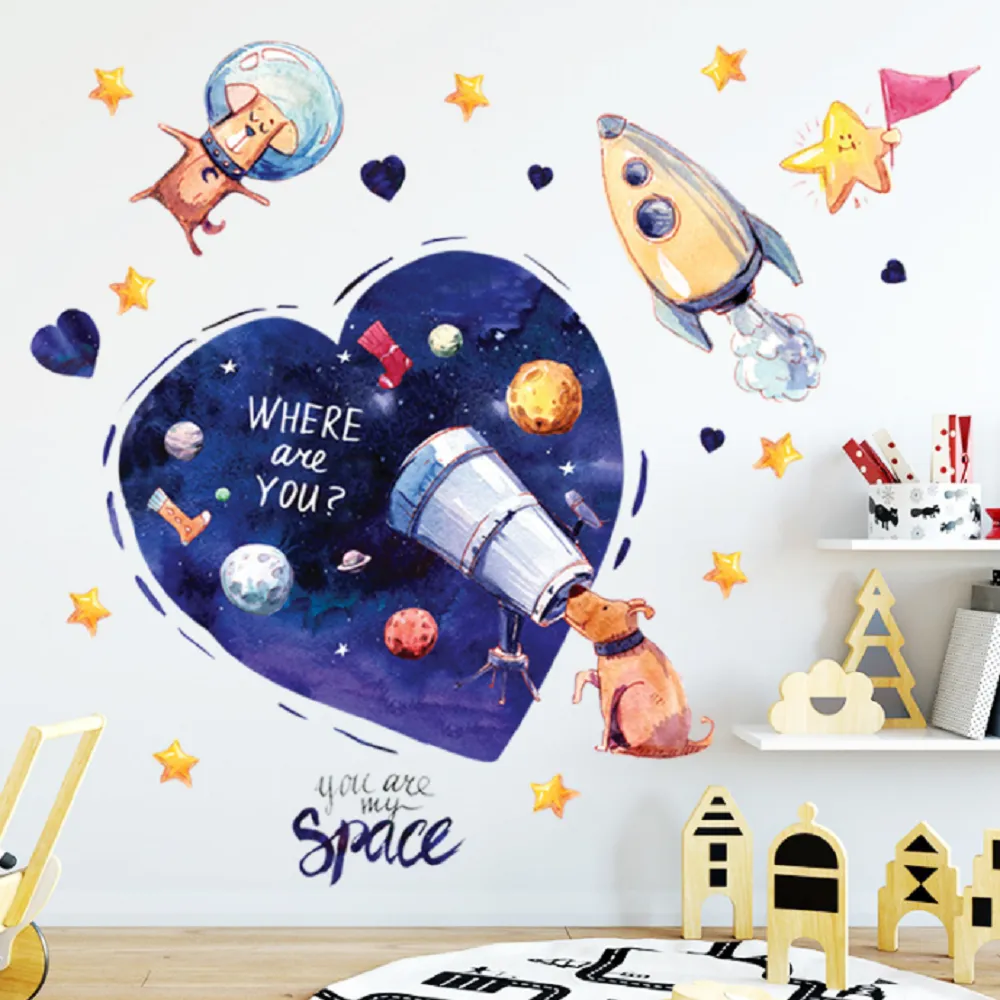 Space Telescope Dog Planet Cartoon Wall Sticker vardagsrum barnrum Bakgrundsdekorationsdekor Poster