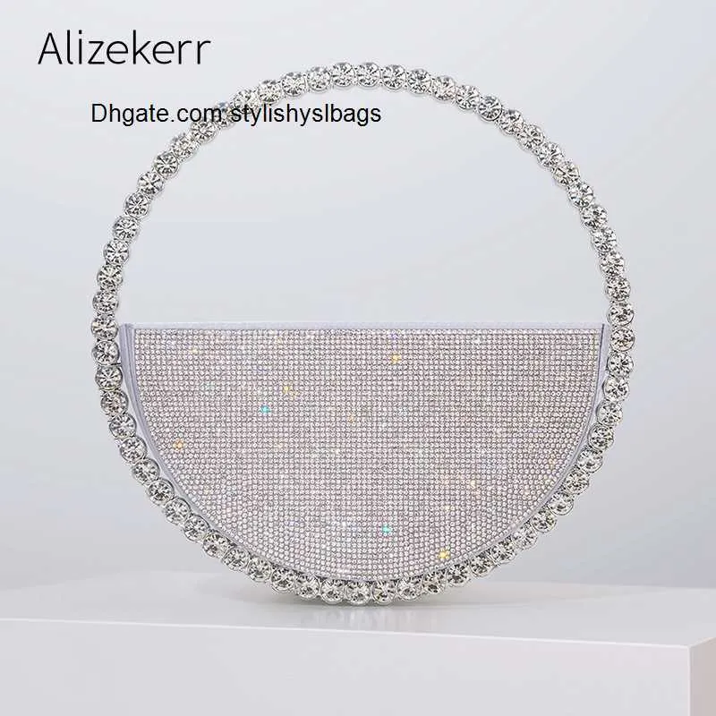 Totes Diamant Kreisförmige Abendtaschen Frauen 2023 Neue Runde Griff Strass Abendessen Clutch Geldbörsen Damen Halbmond Handtasche Hochzeit Party