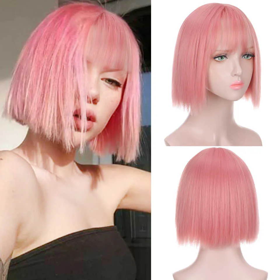 Lace Wigs HUAYA Synthetische Roze Korte Bob Pruik Met Pony voor Vrouwen Lolita Cosplay Pruiken Bob Kapsels Zilver Groen hittebestendige Z0613