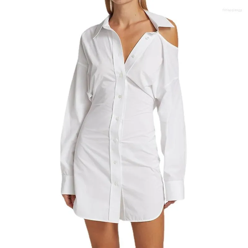 Casual Dresses Women's Asymmetric Shirt Dress Hollow Out Shoulder 2023 Summer Ladies White Cotton Long Sleeve Single Breasted Short Robe