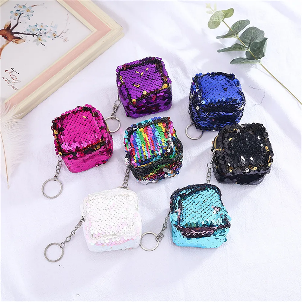 Handtassen Cube Childrens Coin Bag Kleur Veranderen Pailletten Mini Portemonnee Vrouwen Mode Bling Portemonnee Pailletten Sleutelhanger Pouch Kleine Gift 230613