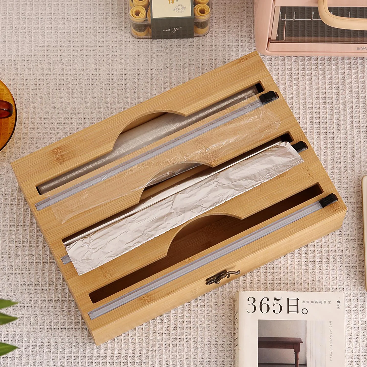 منظمة 3 في 1 Cling Film Cutter Aluminium Foil Film Film Dispenser Bamboo Wrappenser Organizer Food Wrap Offenser Accessories Kitchen