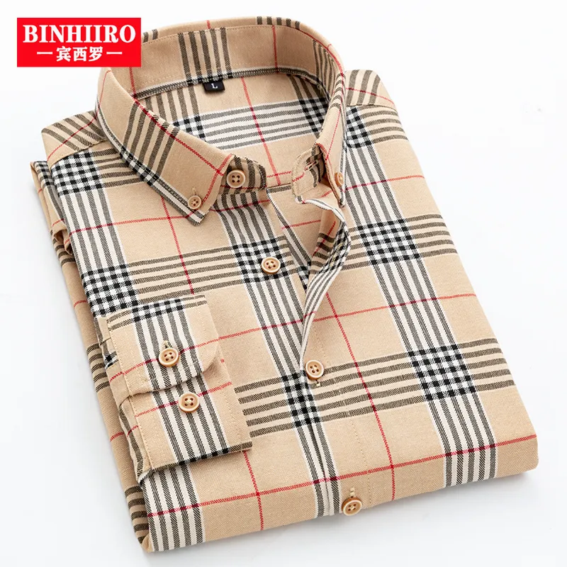 Camisas casuales para hombres BINHIIRO Camisa clásica de negocios para hombres Moda Slim Plaid Solo bolsillo Solapa Camisa de manga larga Primavera Otoño Camisa casual para hombres 230613