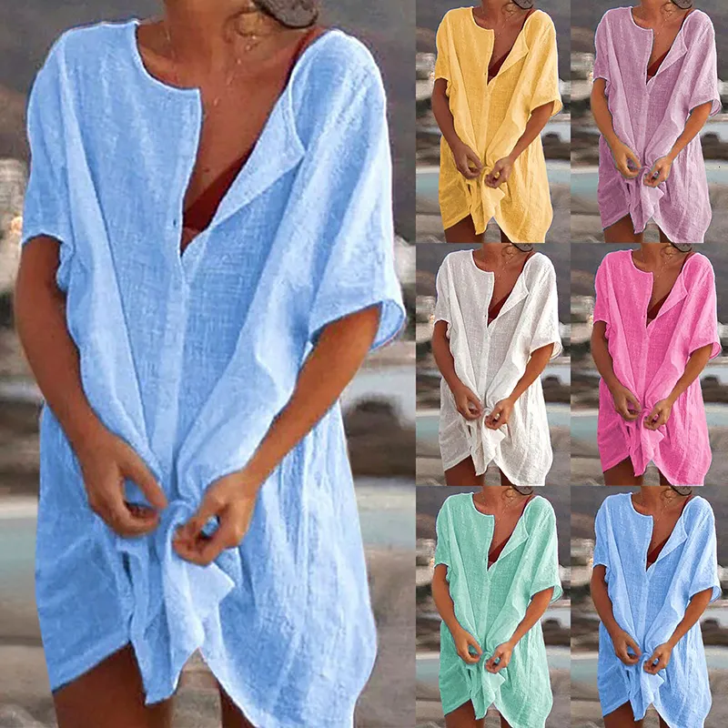 Women's Blouses Shirts Women's Blouse Cotton Beach Shirt Summer Tops Casual Cover-ups Midi Dresses Fashion Solid Loose Tunics Female Swimwear 230613