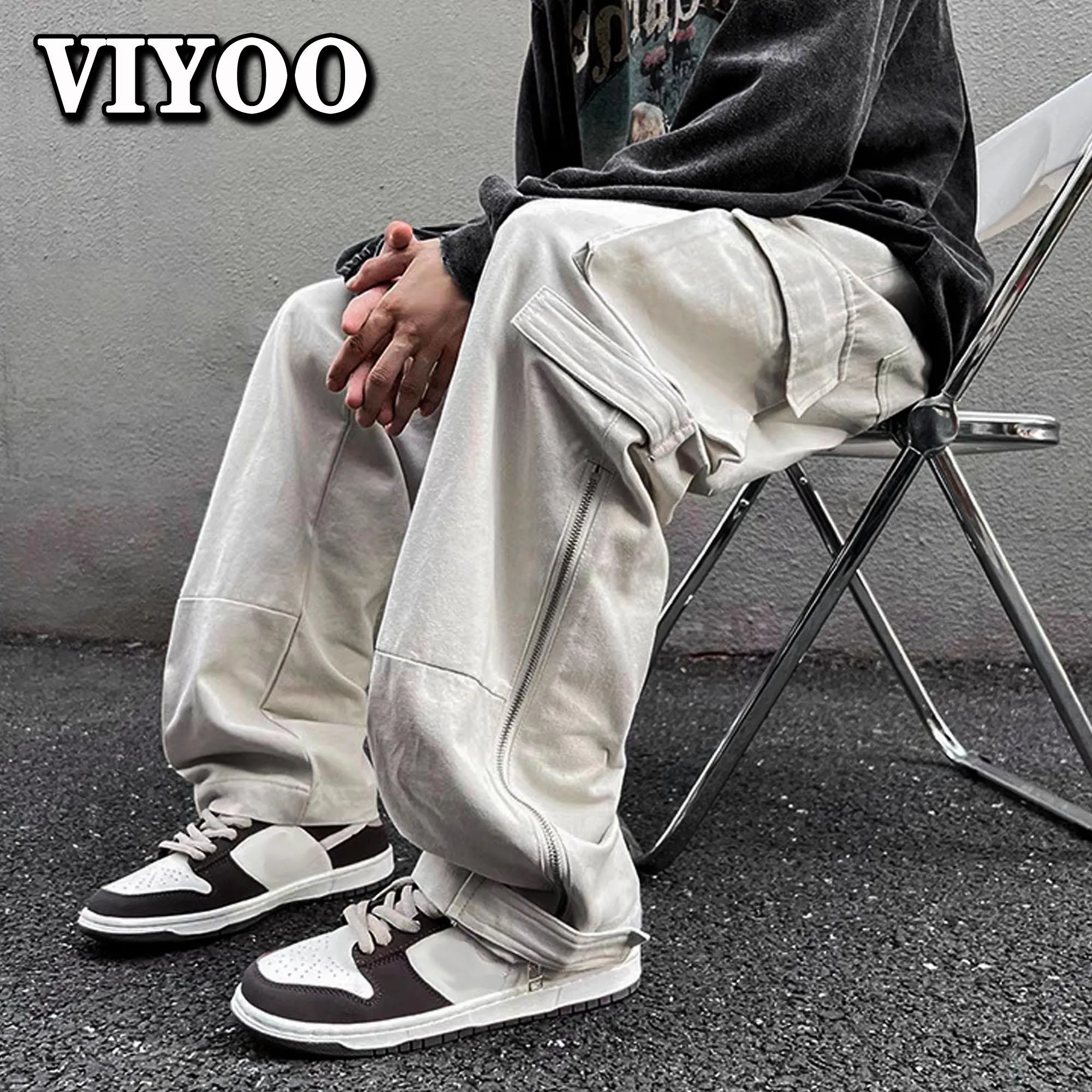 Broek Heren Cargobroek Kan Zak Beige Zwart Mode Hiphop Casual Rechte Baggy Losse Broek Jogger Man Broek voor Heren