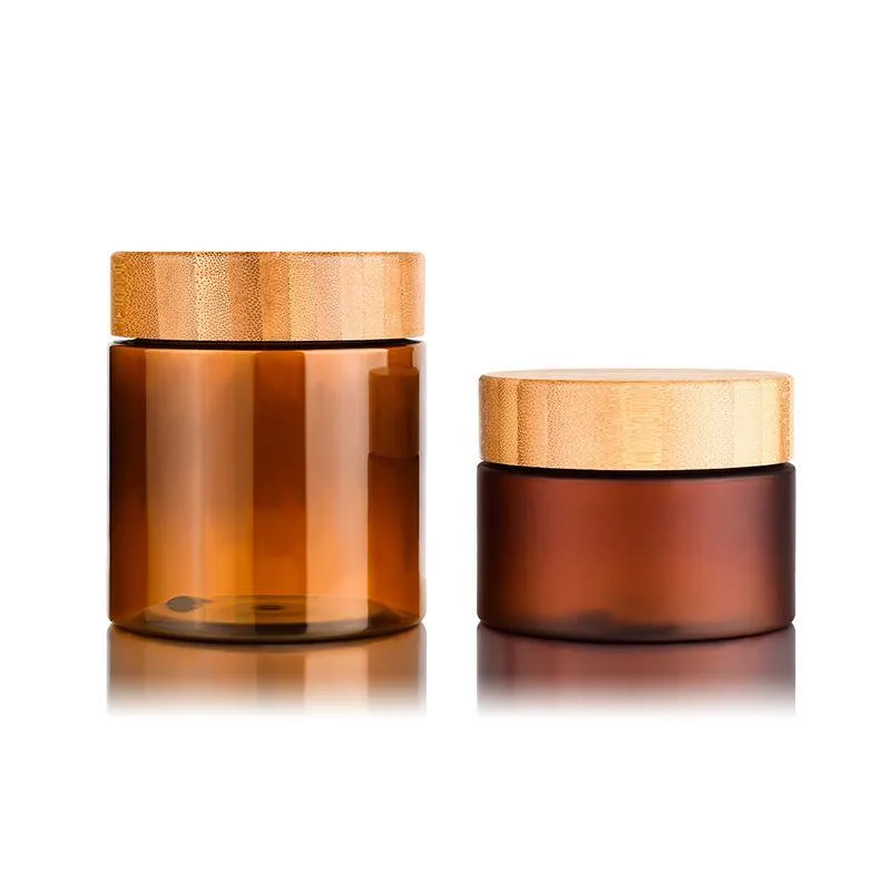 Bouteilles d'emballage de récipient de crème de beurre corporel 150ml 250ml Ambre PET Cosmétique Pot en plastique de 8 oz avec couvercle à vis en bambou Couvercle en bois Macap