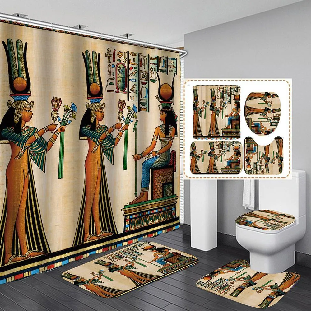 Rideaux Rideaux de douche pour femmes égyptiennes antiques, tissu en Polyester, décor de salle de bain, Design rétro, couverture de tapis de toilette, tapis antidérapant, 4 pièces