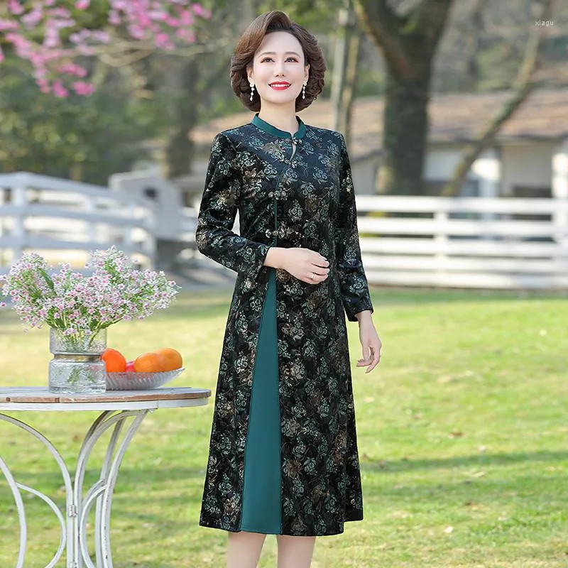 Casual Kleider Asiatischen Stil Frauen Herbst A-Line Blumendruck Kleid Büro Dame Schwarz Robe Femme Vintage Designer Party Kleidung